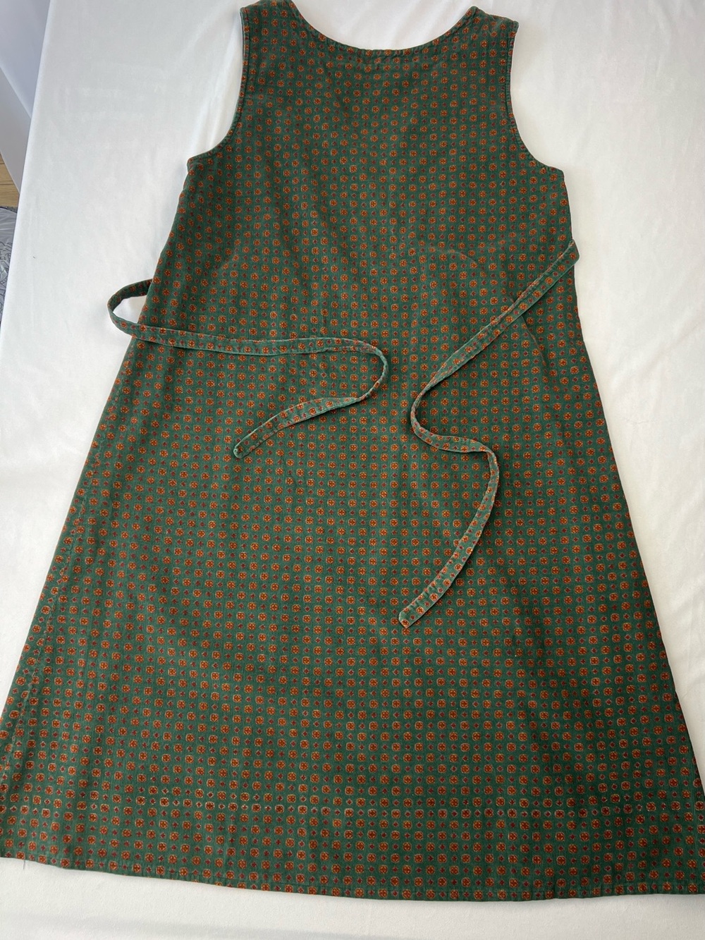 Vintage Green Corduroy Wrap Tie Dress Boho Floral Print Sleeveless Jumper Sz M/L